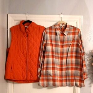 Coldwater Creek Salmon Colored Quilted Vest And Flannel Shirt Size 1x
